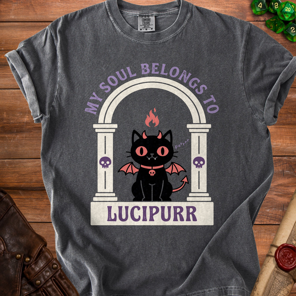 Dark grey t-shirt with a graphic of a devil cat reading "My Soul Belongs To Lucipurr".