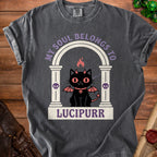 Dark grey t-shirt with a graphic of a devil cat reading "My Soul Belongs To Lucipurr".