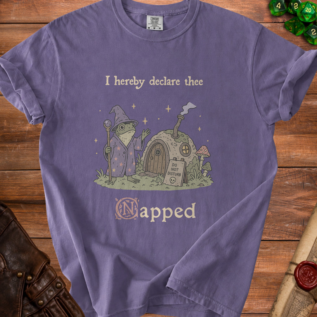 Purple t-shirt with frog wizard, mushroom house, and "I hereby declare thee Napped" text.