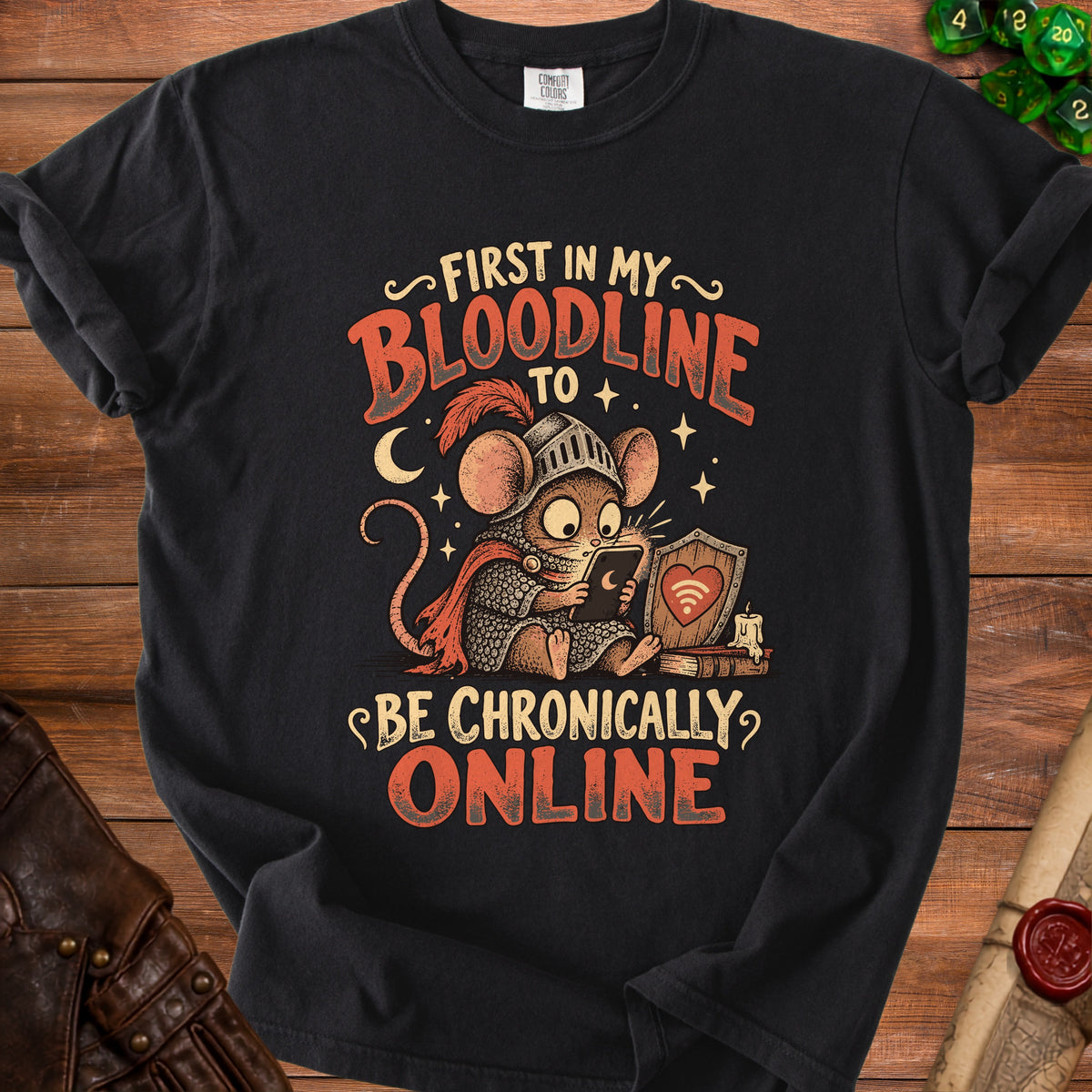 Black t-shirt with "First in my bloodline to be chronically online" text and mouse.
