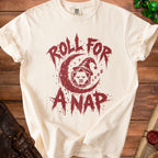 Cream t-shirt with dark red "Roll for Anap" graphic featuring a D20 die.