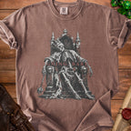 Brown t-shirt with skeleton king graphic and "REIGNING BARELY" text.