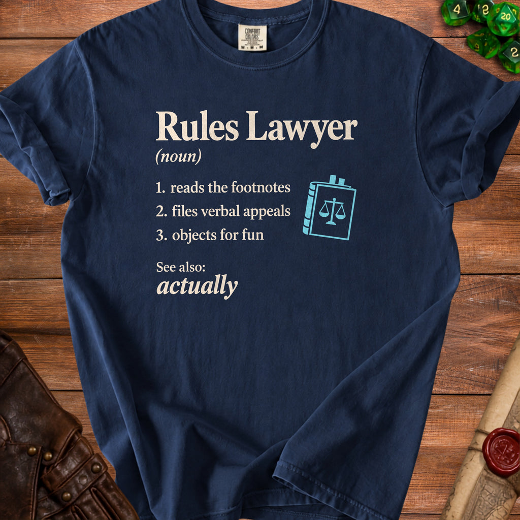 Navy t-shirt with "Rules Lawyer" definition and a balance scale icon.