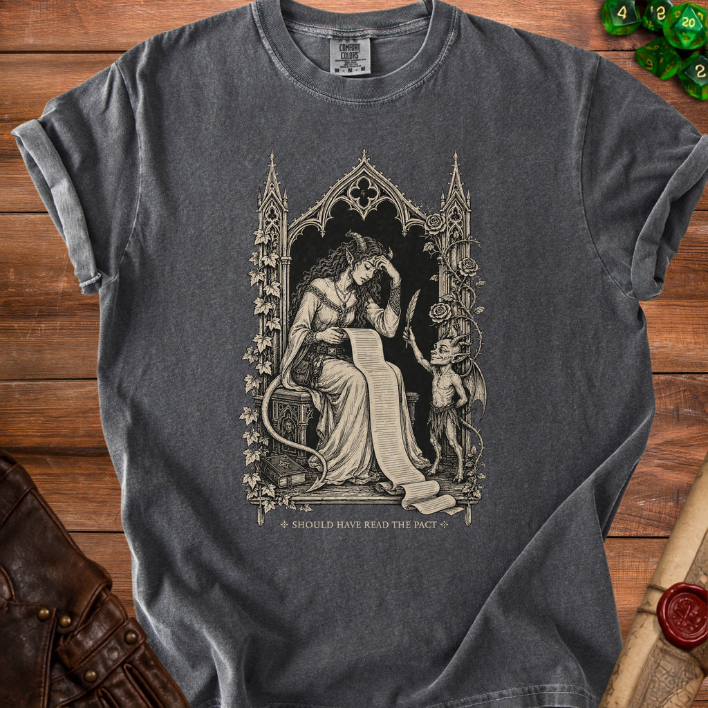 Dark grey t-shirt with gothic illustration of a woman and demon reading a scroll titled "SHOULD HAVE READ THE PACT".