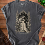 Dark grey t-shirt with gothic illustration of a woman and demon reading a scroll titled "SHOULD HAVE READ THE PACT".