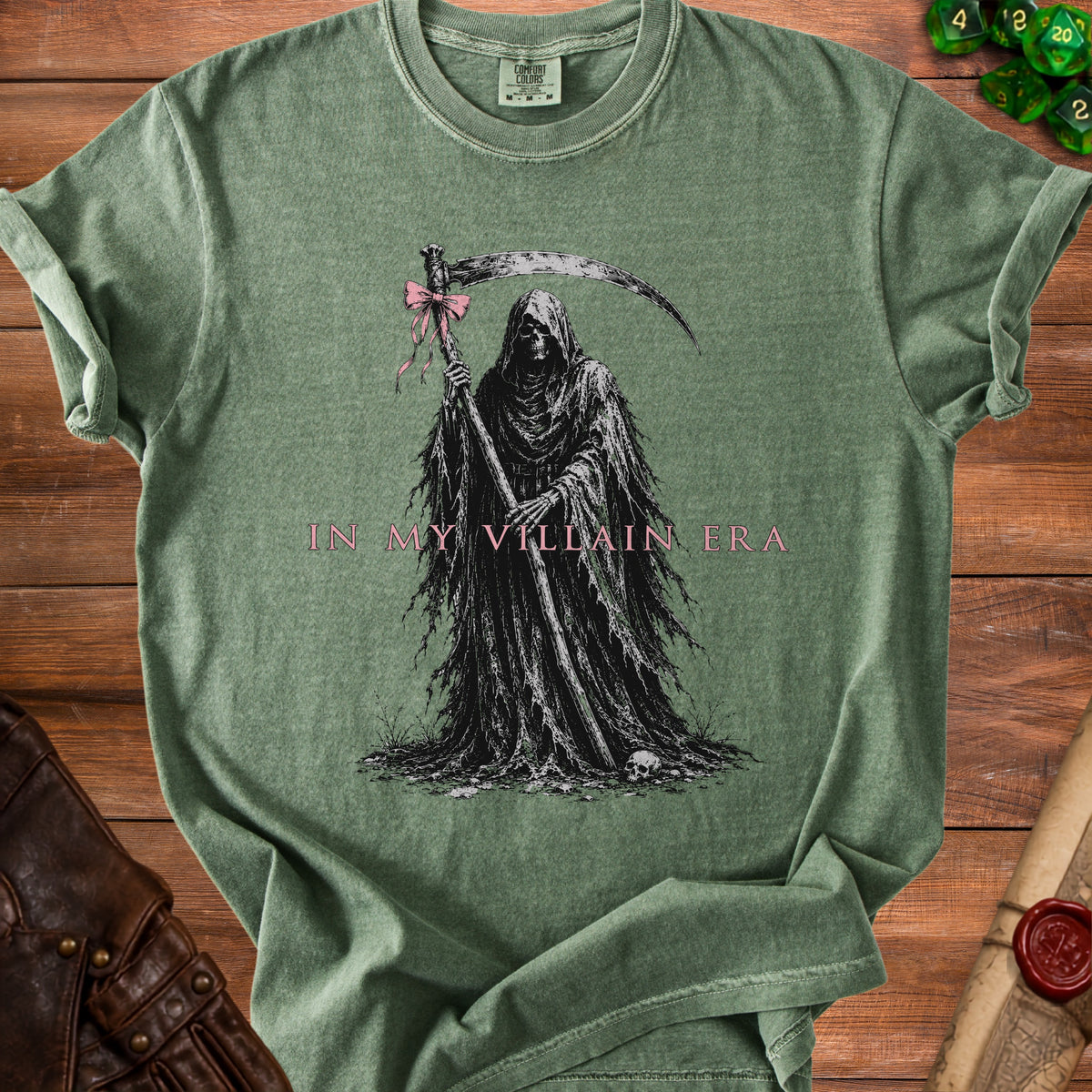 Grim reaper graphic tee with "IN MY VILLAIN ERA" text.