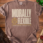 Brown t-shirt with "MORALLY FLEXIBLE" text and d20 dice symbol.