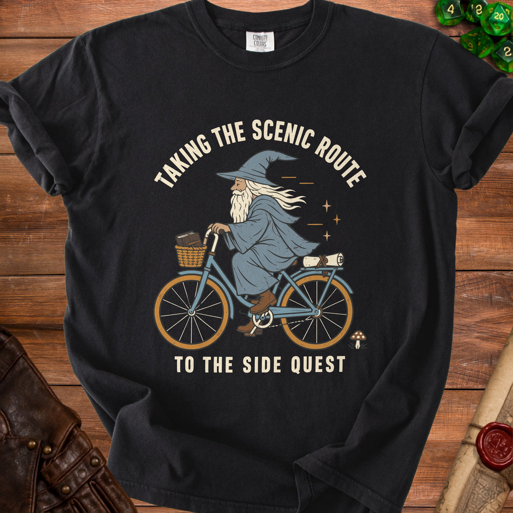 Wizard riding bicycle with basket, text reads "Taking the scenic route to the side quest".