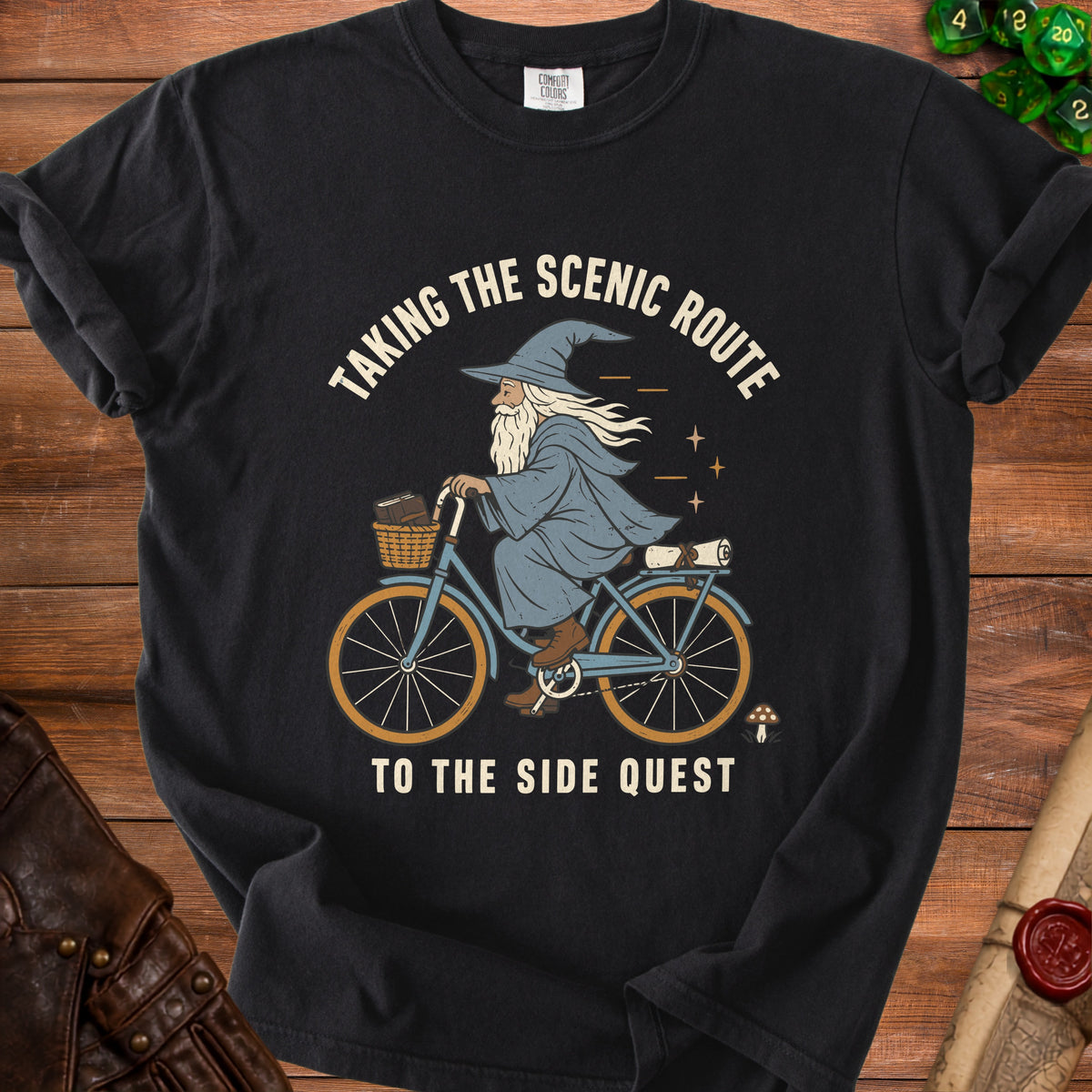 Wizard riding bicycle with basket, text reads "Taking the scenic route to the side quest".