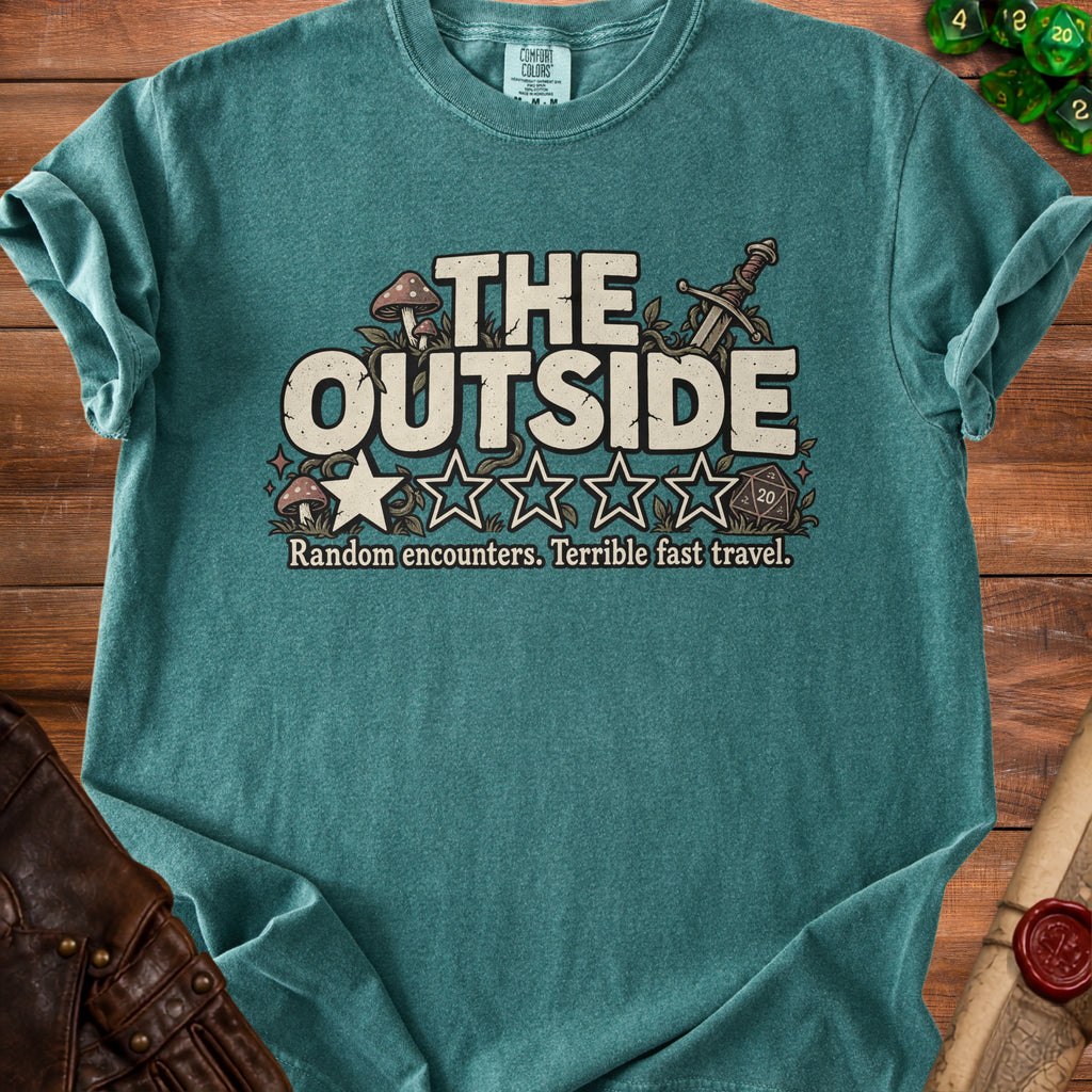 Teal t-shirt with "THE OUTSIDE" text, mushrooms, sword, dice, and stars.