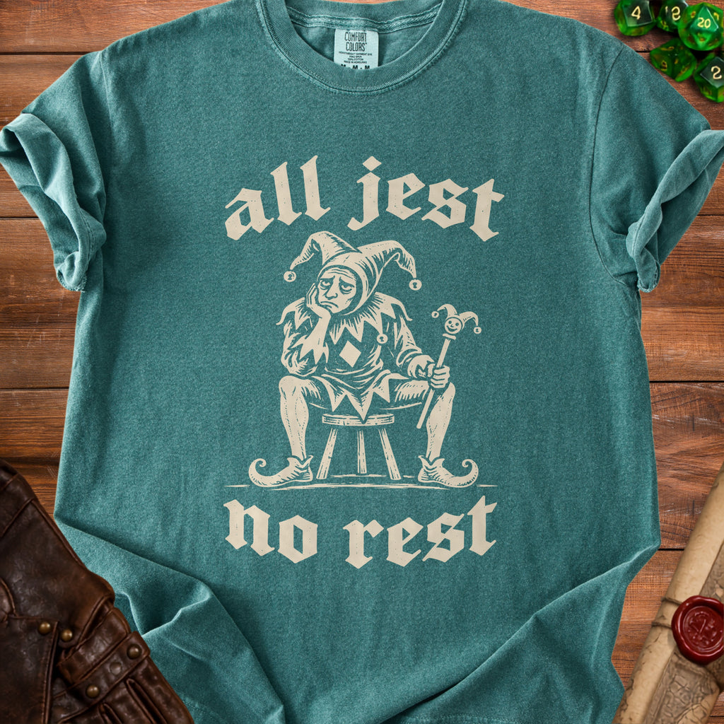 Teal t-shirt with graphic of jester and text "all jest no rest."