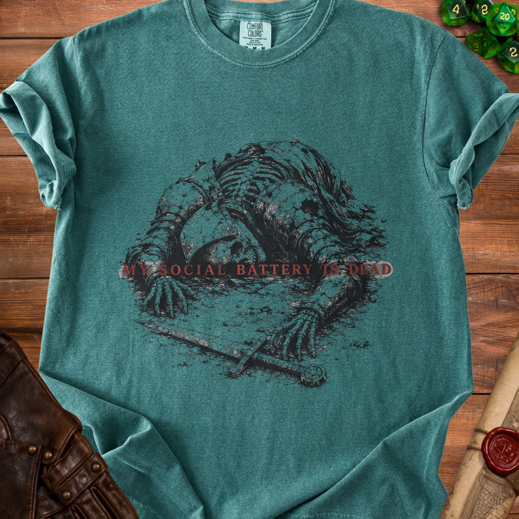 T-shirt with skeleton wearing armor and sword, reads "My Social Battery is Dead".