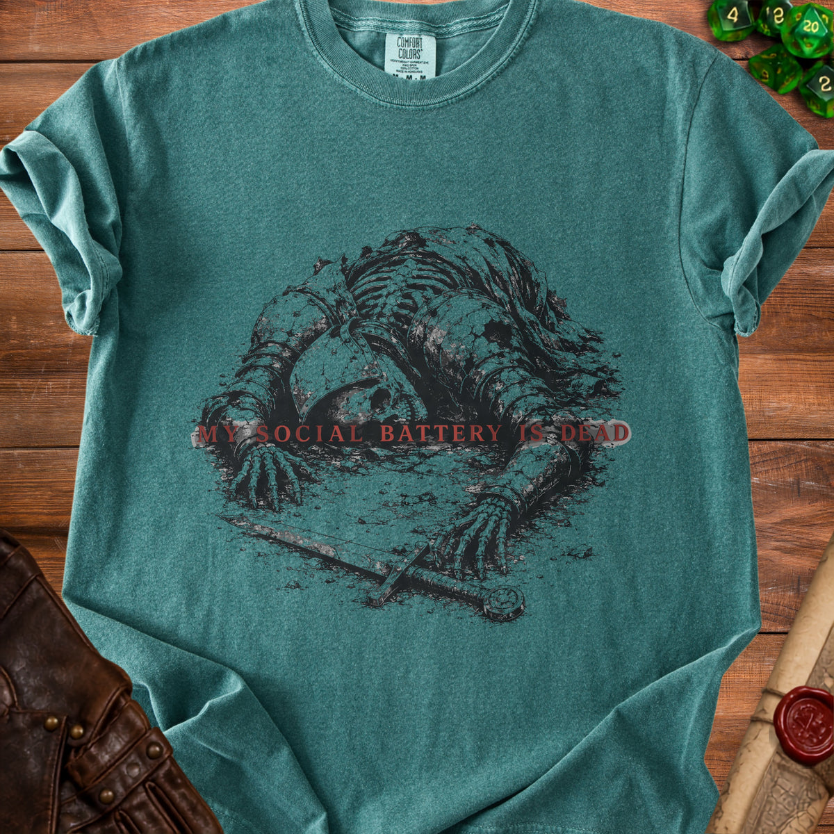 T-shirt with skeleton wearing armor and sword, reads "My Social Battery is Dead".