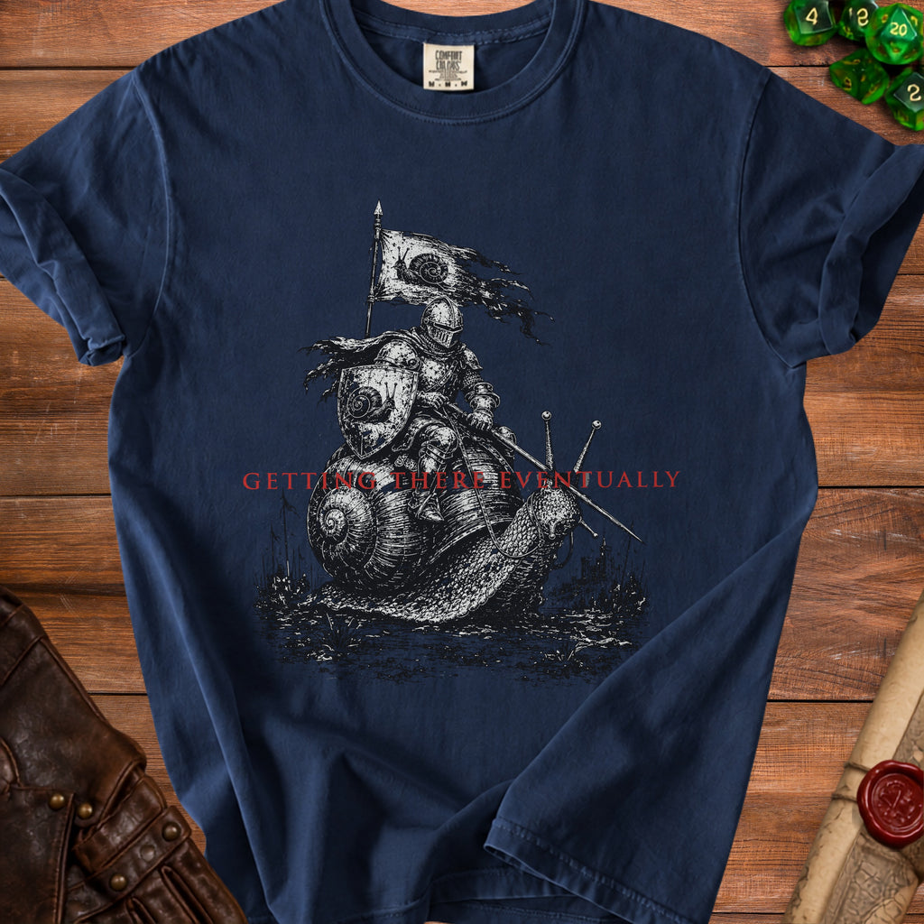 Knight riding a snail with a tattered flag, "Getting there eventually" text.