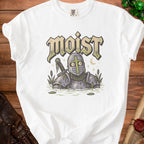 White t-shirt with "moist" text and cartoon knight in water graphic.