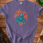 Skeleton in blue robe holding d20 dice with "Roll now, regret later."