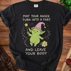 Black t-shirt with a cartoon goblin wearing a pink hat and the text "May your anger turn into a fart and leave your body".