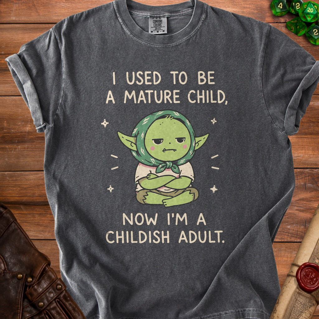 Graphic tee with text "I used to be a mature child, now I'm a childish adult."