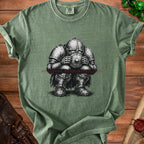 T-shirt with medieval knight illustration and text "AVOIDING RESPONSIBILITIES".
