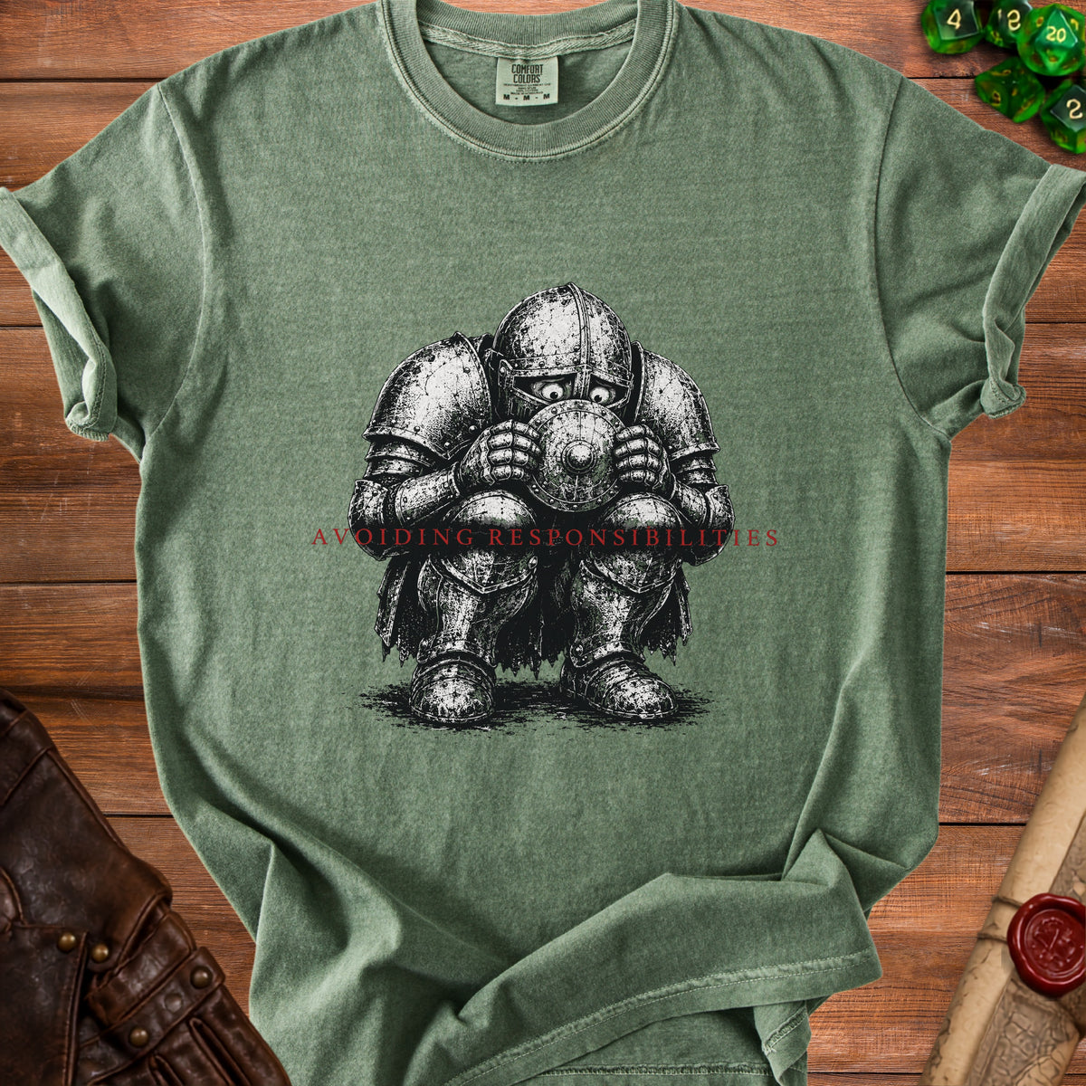 T-shirt with medieval knight illustration and text "AVOIDING RESPONSIBILITIES".