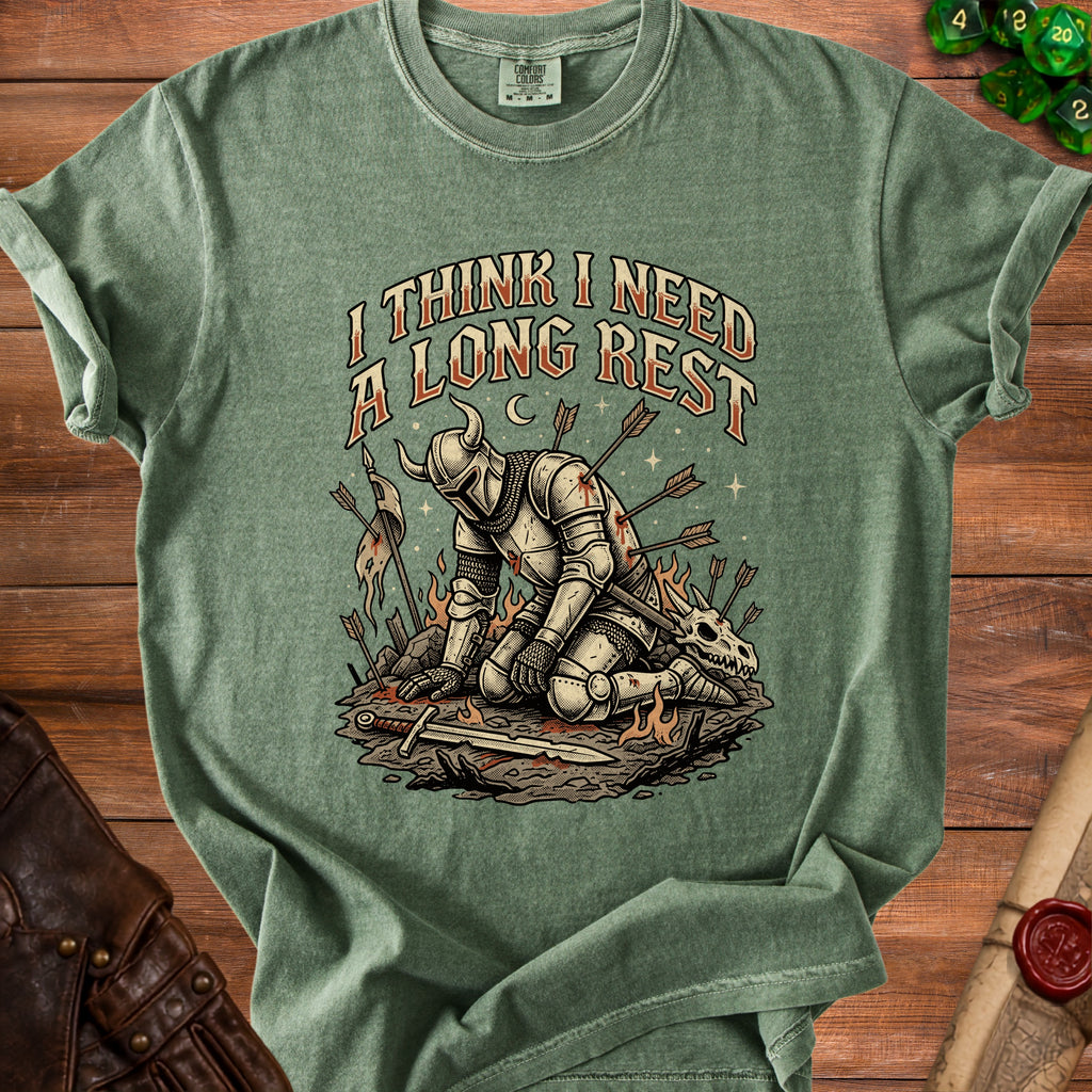 Green t-shirt with knight graphic and "I THINK I NEED A LONG REST" text.
