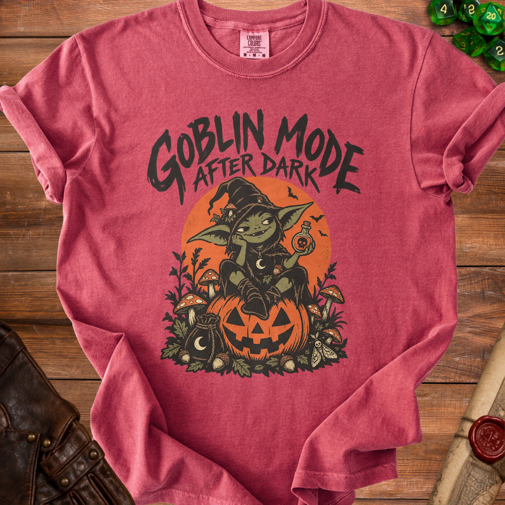 T-shirt with "Goblin Mode After Dark" text and goblin on a pumpkin illustration.