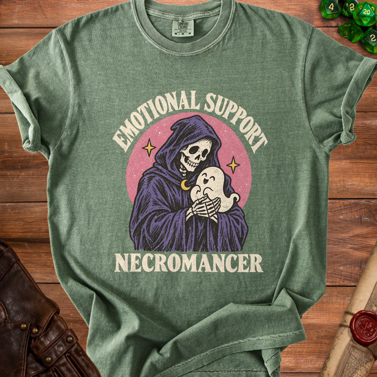 Grim reaper hugs a ghost with text "Emotional Support Necromancer."