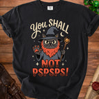 Black t-shirt with a grumpy wizard cat graphic reading "You Shall Not Pspsps!".