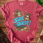 Three wizard frogs with bags and wands fly with "SIDE QUEST!" text.