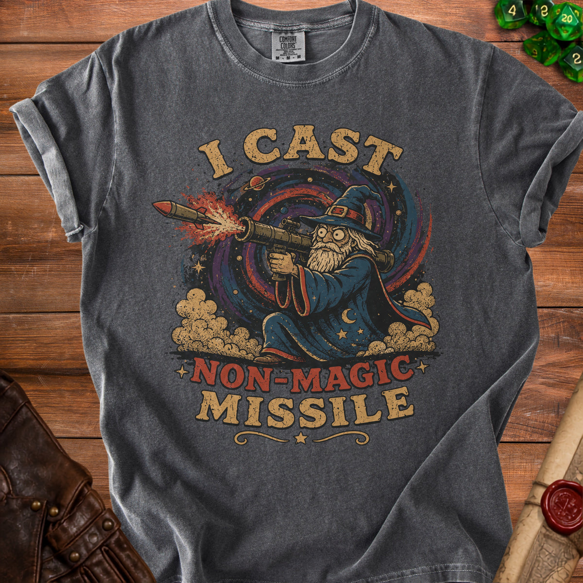 Graphic t-shirt with wizard firing a missile launcher with text "I CAST NON-MAGIC MISSILE".