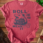 Possum graphic t-shirt with "Roll Like You Mean It" text and dice.