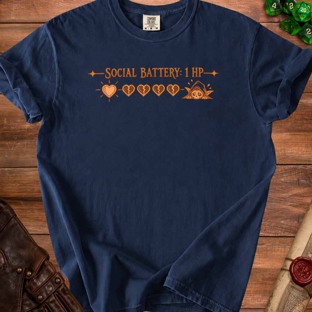 Dark blue t-shirt with "Social Battery: 1 HP" and heart icons graphic.