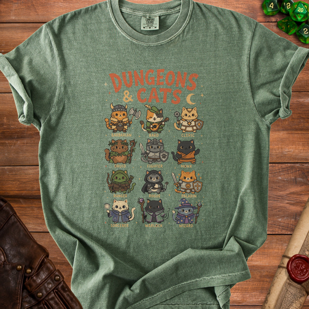 Green t-shirt with "Dungeons & Cats" graphic featuring 12 cat characters in RPG classes.