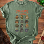 Green t-shirt with "Dungeons & Cats" graphic featuring 12 cat characters in RPG classes.