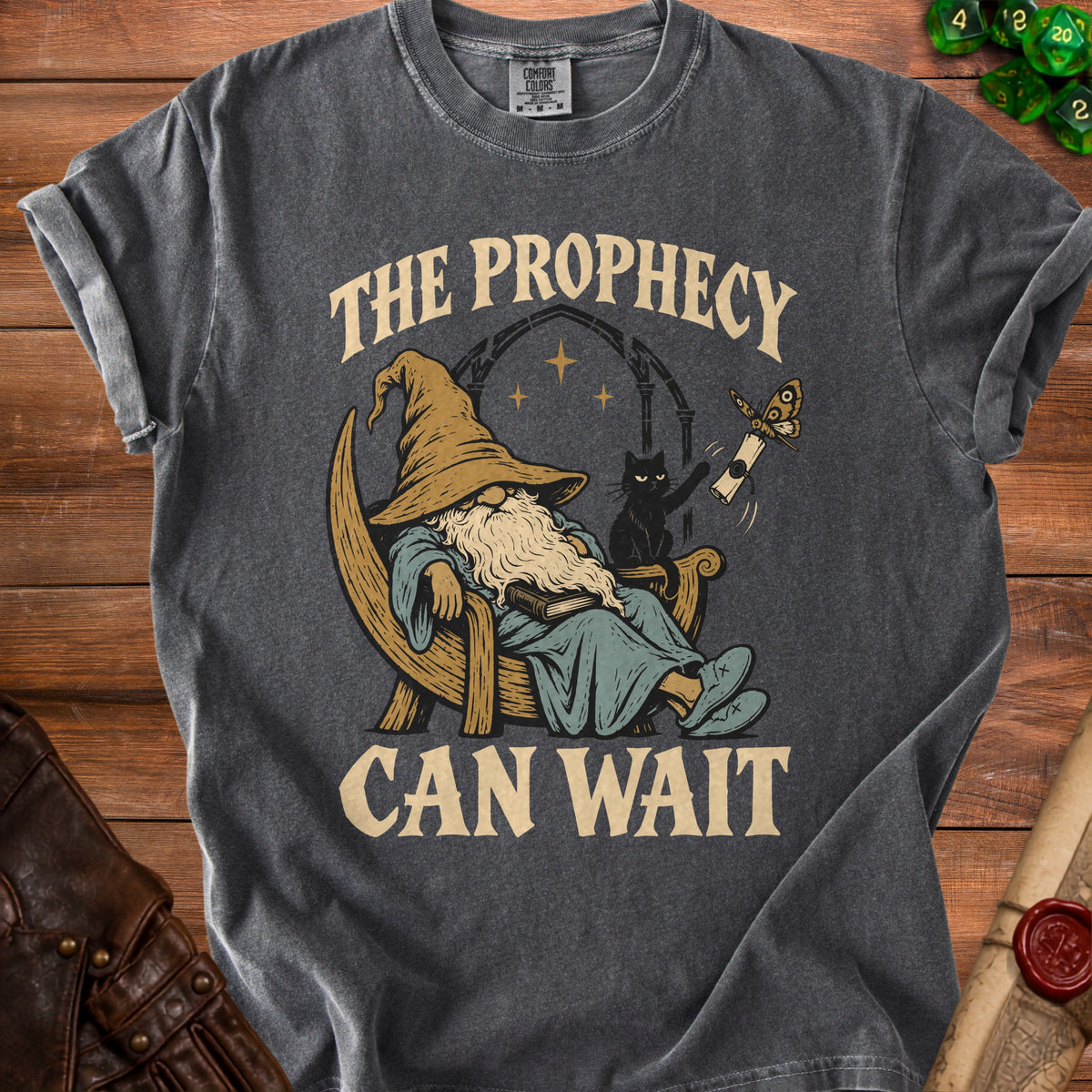 Wizard and black cat graphic with text "The Prophecy Can Wait" on gray t-shirt.