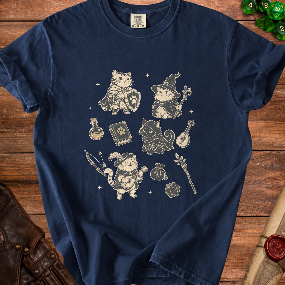 T-shirt with fantasy cat illustrations: knight, mage, bard, and rogue.