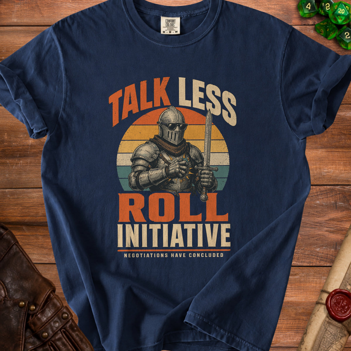 Navy t-shirt with knight graphic, "Talk Less Roll Initiative" text, and sunset background.