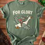 Green t-shirt featuring a graphic of a mouse knight riding a flying goose with text FOR GLORY.