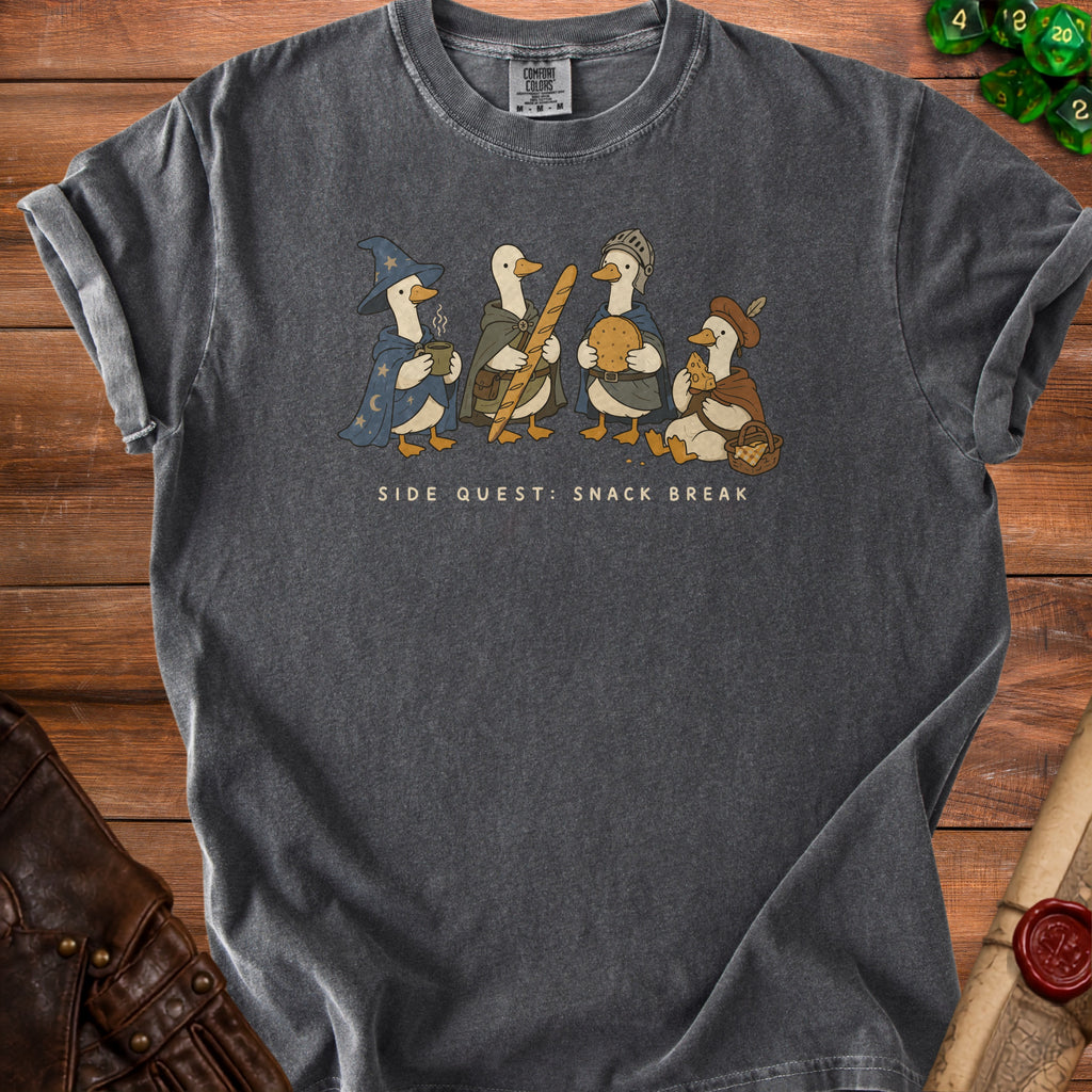 T-shirt with four ducks dressed as fantasy characters, "SIDE QUEST: SNACK BREAK".