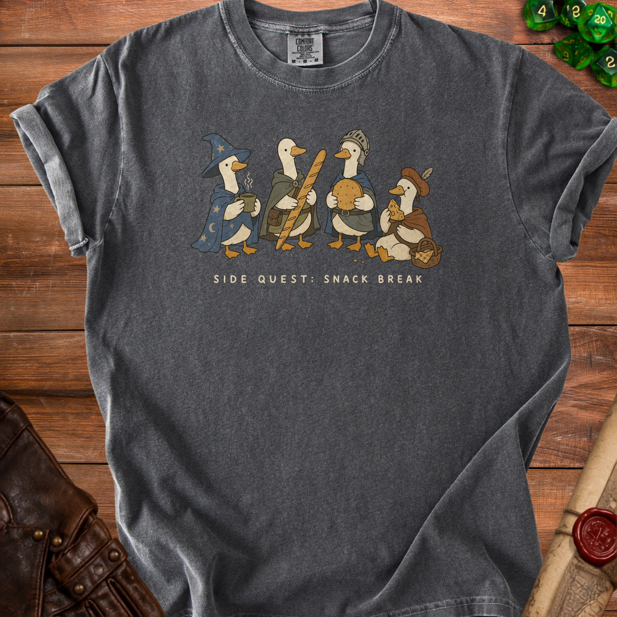 T-shirt with four ducks dressed as fantasy characters, "SIDE QUEST: SNACK BREAK".