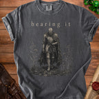 Charcoal t-shirt with a knight illustration and "bearing it" text.
