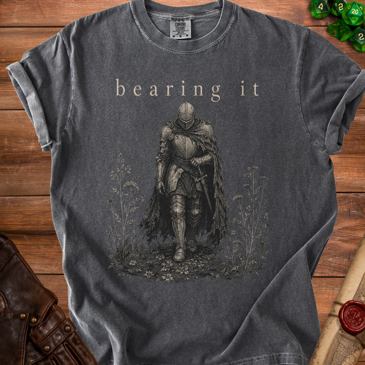 Charcoal t-shirt with a knight illustration and "bearing it" text.