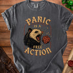 Charcoal t-shirt with possum and dice graphic, "PANIC IS A FREE ACTION".
