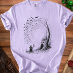 Black bats swirl around a tree with a face, near a figure holding a pumpkin staff.