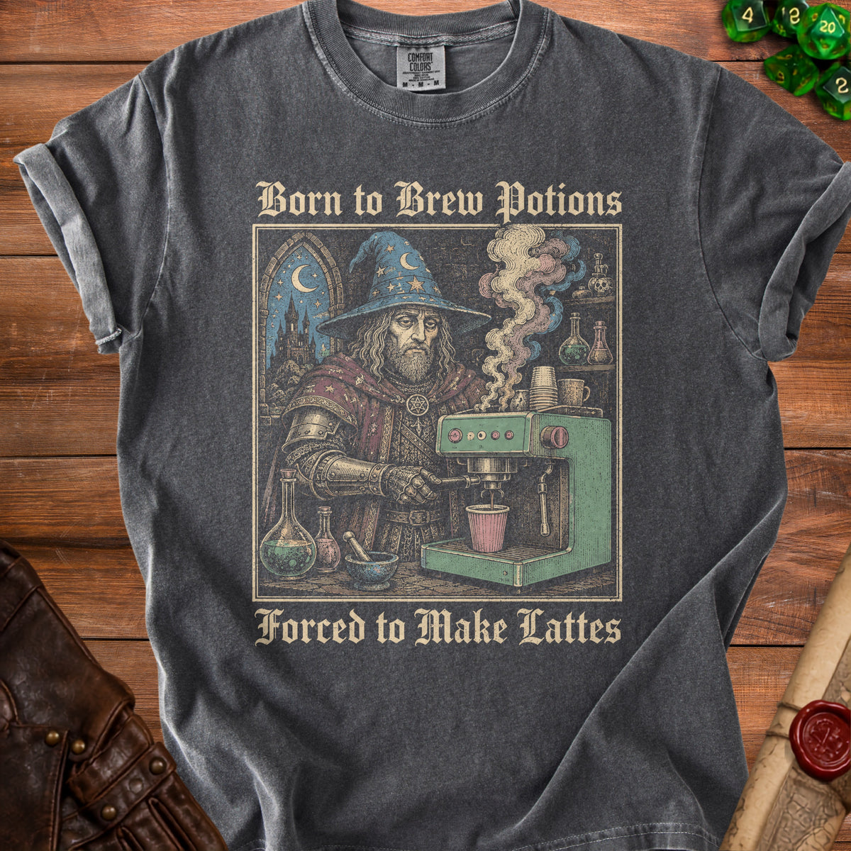 T-shirt with wizard brewing coffee: "Born to Brew Potions Forced to Make Lattes".
