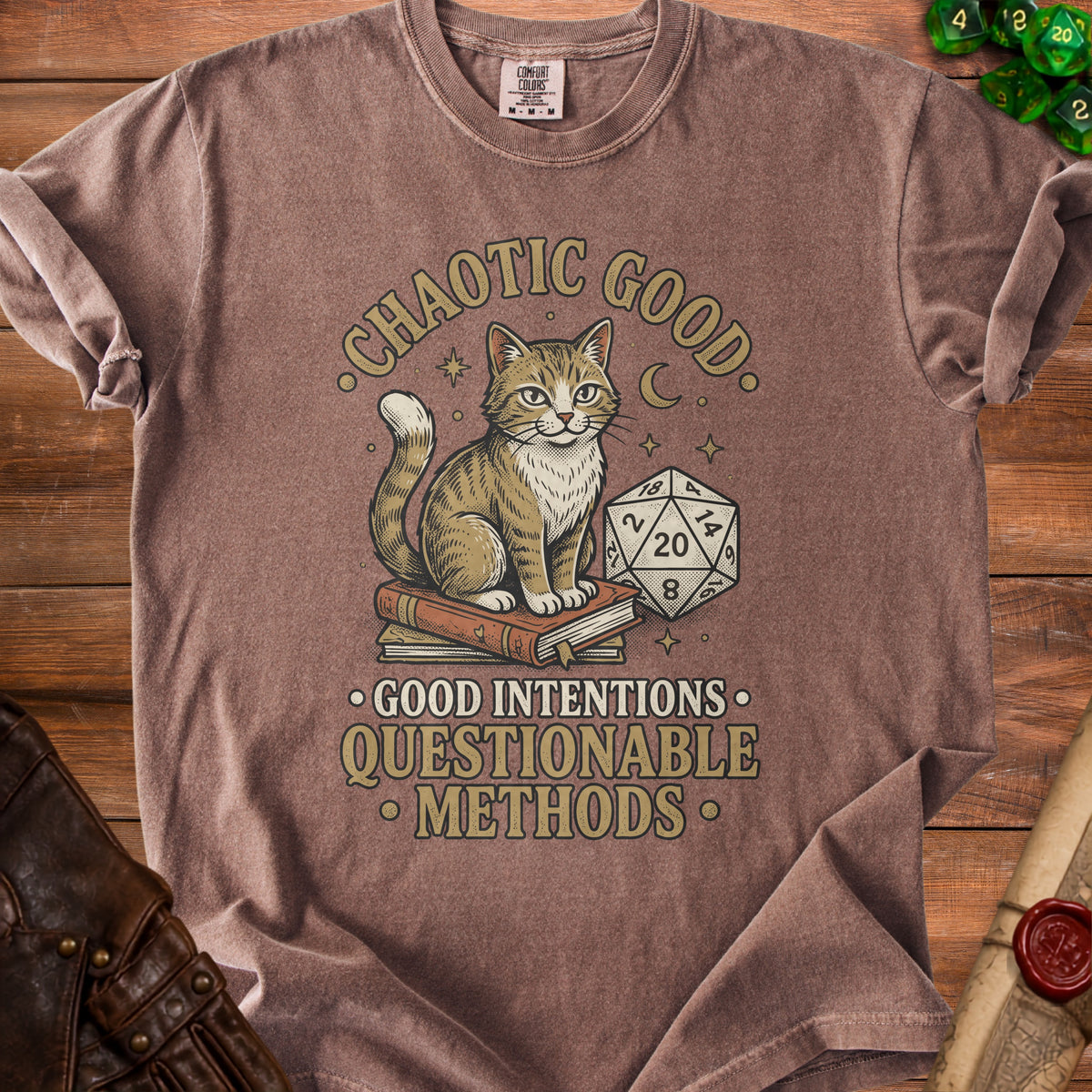 T-shirt with cat, dice, and text "Chaotic Good" and "Good Intentions Questionable Methods".