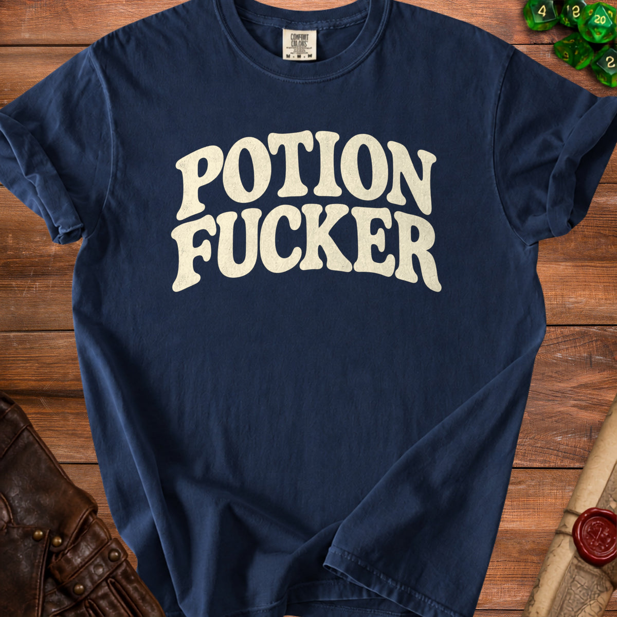 Navy blue t-shirt with white "POTION FUCKER" text and a comfort colors tag.