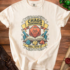 Cream t-shirt with "Chaos Coordinator Roll With It" and D20 dice design.