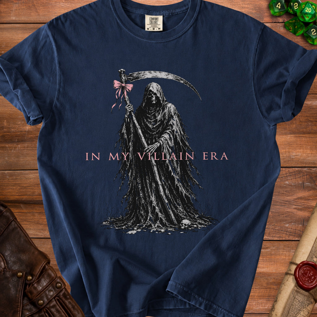 Navy t-shirt with Grim Reaper graphic and text "IN MY VILLAIN ERA".