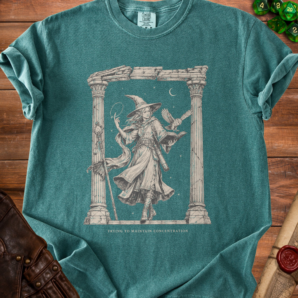 T-shirt with illustration of a witch and owl, with text "TRYING TO MAINTAIN CONCENTRATION".